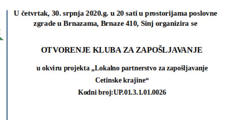 Najava: Otvaranje Kluba za zapo&scaron;ljavanje