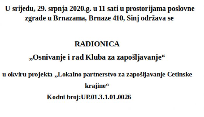 Najava radionice "Osnivanje i rad Kluba za zapo&scaron;ljavanje"