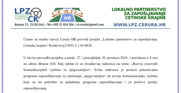 Najava radionice "Razvoj osnovnih komunikacijskih vje&scaron;tina za njegovateljice"