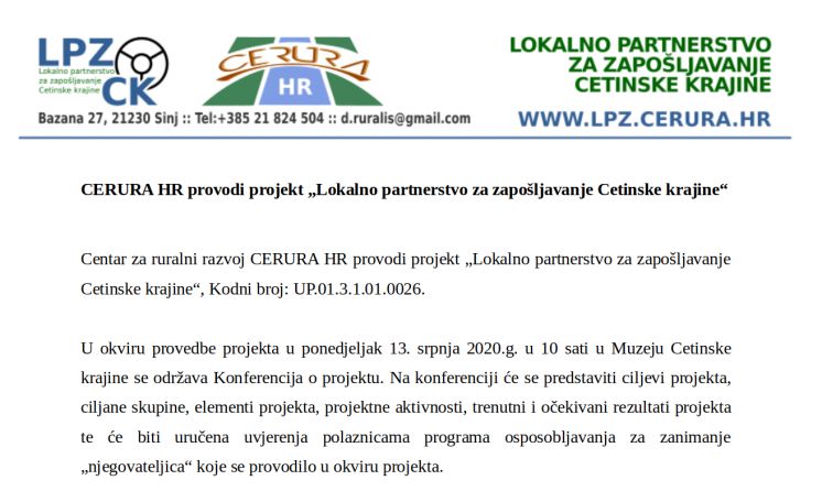 Najava konferencije o projektu "Lokalno partnerstvo za zapo&scaron;ljavanje Cetinske krajine"