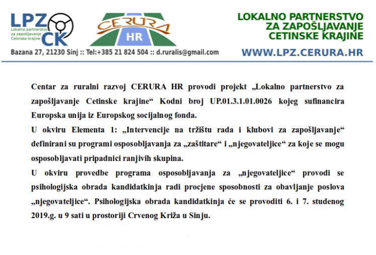 NAJAVA - Psihologijska obrada kandidatkinja okviru provedbe programa osposobljavanja za "njegovateljice" provodit će se 6. i 7. studenog 2019.g.